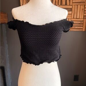 Free People Black Textured Off-Shoulder Crop Top